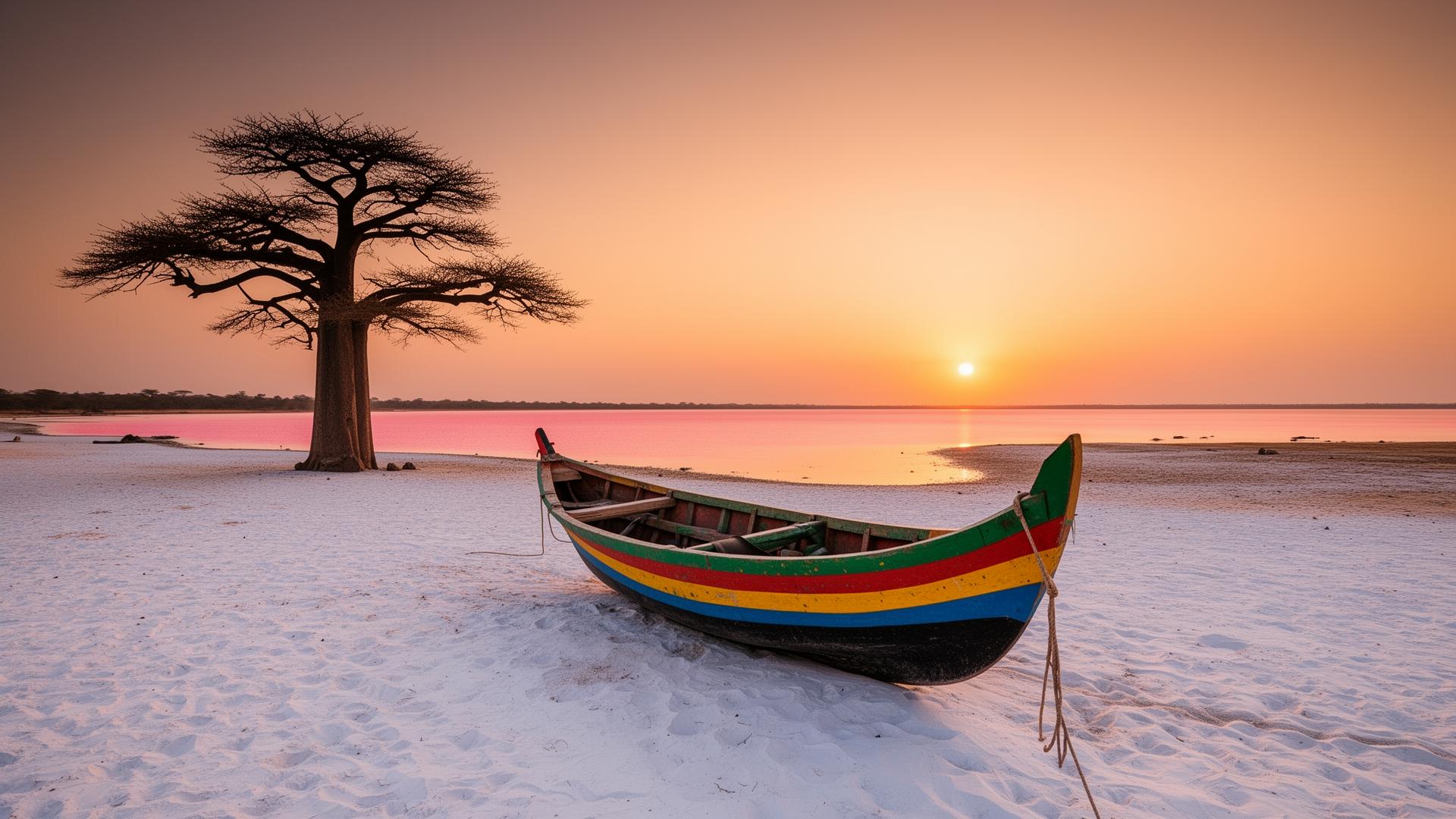 Plage du Sénégal au coucher du soleil avec pirogue traditionnelle