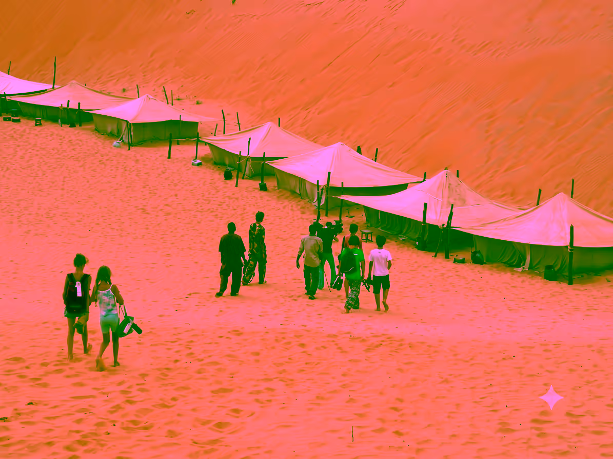 Alignement de tentes mauritaniennes au pied des dunes orangées de Lompoul