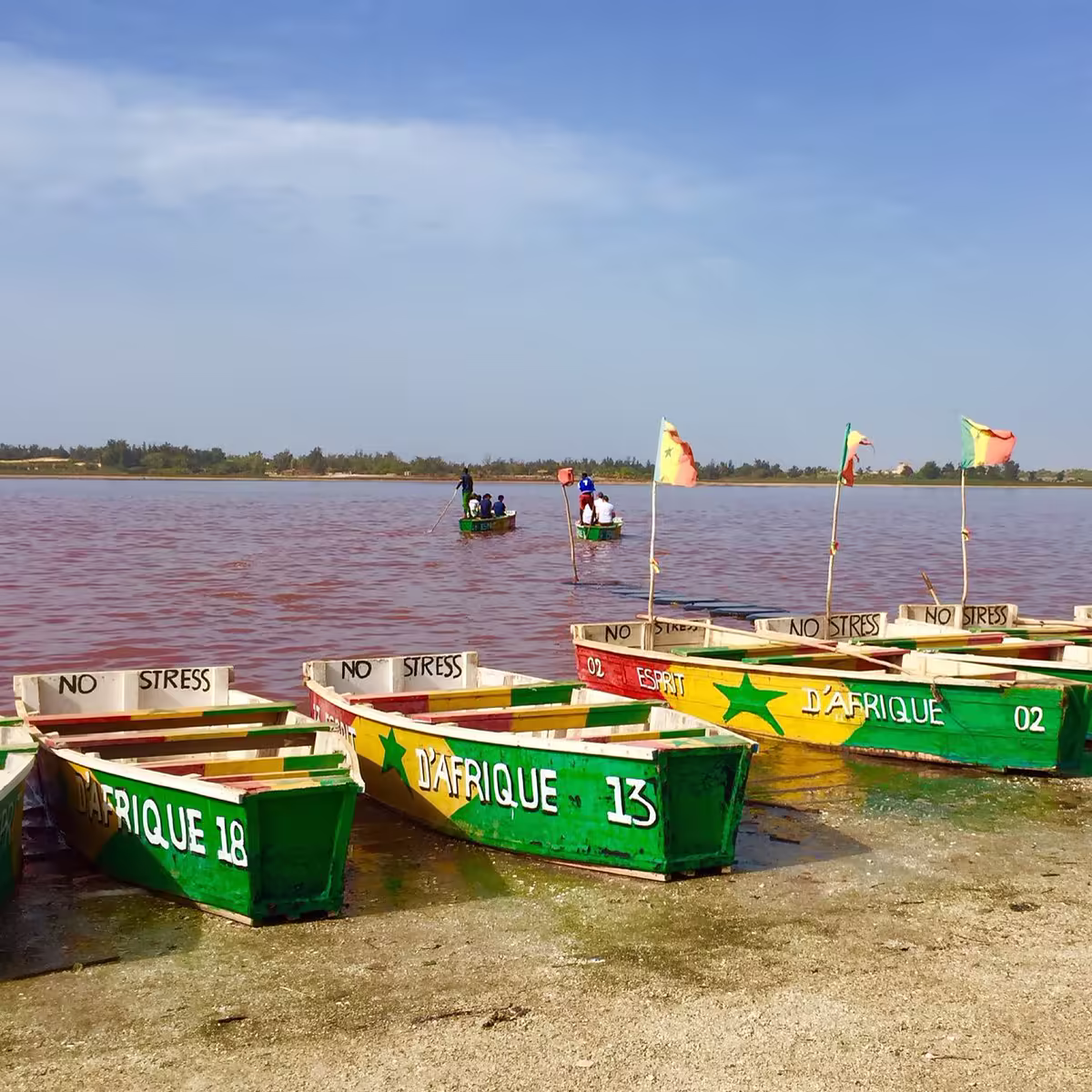 Pirogues colorées aux couleurs du Sénégal amarrées sur les rives du Lac Rose